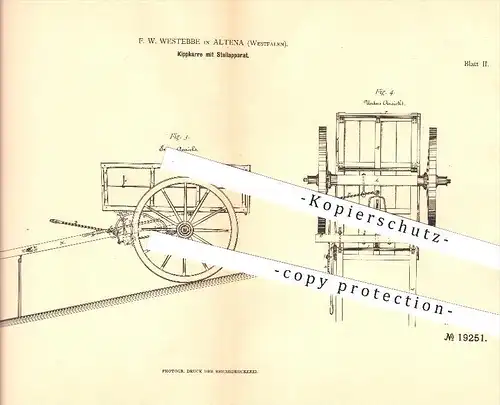 original Patent - F. W. Westebbe in Altena , 1882 , Kippkarre mit Stellapparat , Wagenbau !!!