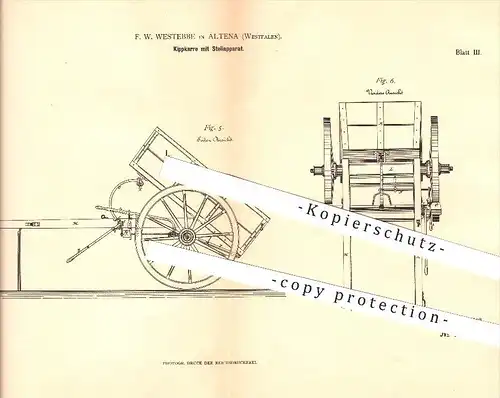 original Patent - F. W. Westebbe in Altena , 1882 , Kippkarre mit Stellapparat , Wagenbau !!!