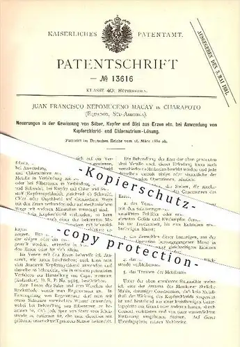 original Patent - Juan Francisco Nepomuceno Macay in Charapoto , Equador , 1880 , Gewinnung von Silber, Kupfer und Blei