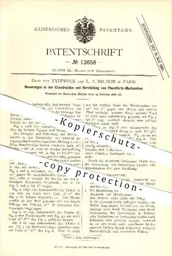 original Patent - Graf von Nydpruck & L. A. Beunon in Paris , 1880 , Konstruktion u. Herstellung von Pianoforte Mechanik