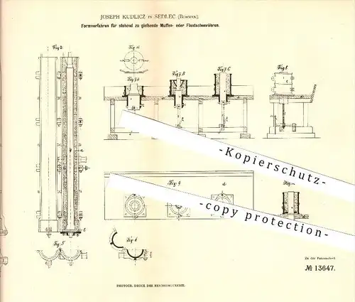 original Patent - Joseph Kudlicz in Sedlec , Böhmen , 1880 , Formverfahren für Muffen- oder Flantschenröhren !!!