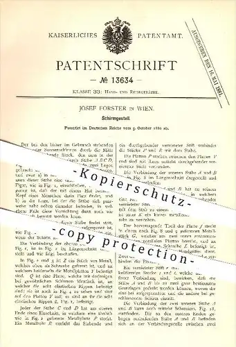 original Patent - Josef Forster in Wien , 1880 , Schirmgestell , Regenschirm , Sonnenschirm !!!