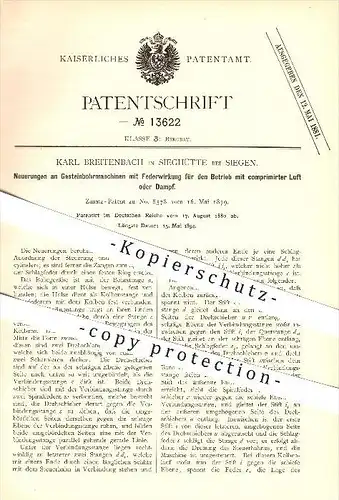 original Patent - Karl Breitenbach in Sieghütte bei Siegen , 1880 , Gesteinbohrmaschinen mit Federwirkung , Bergbau !!!