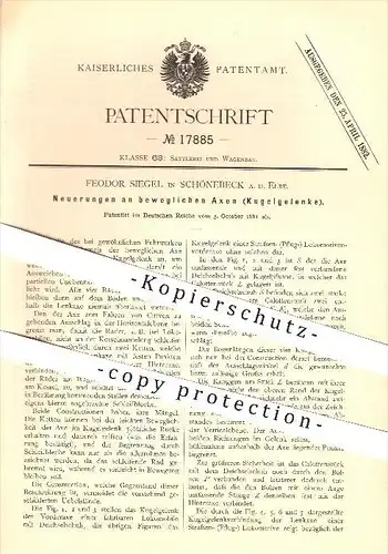 original Patent - Feodor Siegel in Schönebeck a. d. Elbe , 1881 , Bewegliche Achsen , Kugelgelenke , Fahrzeugbau !!!