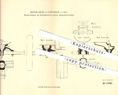 original Patent - Feodor Siegel in Schönebeck a. d. Elbe , 1881 , Bewegliche Achsen , Kugelgelenke , Fahrzeugbau !!!