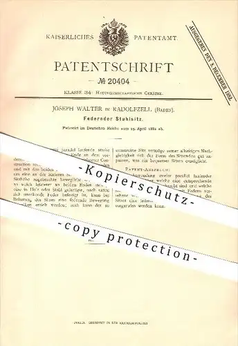 original Patent - Joseph Walter in Radolfzell , 1882 , Federnder Stuhlsitz , Stuhl !!!