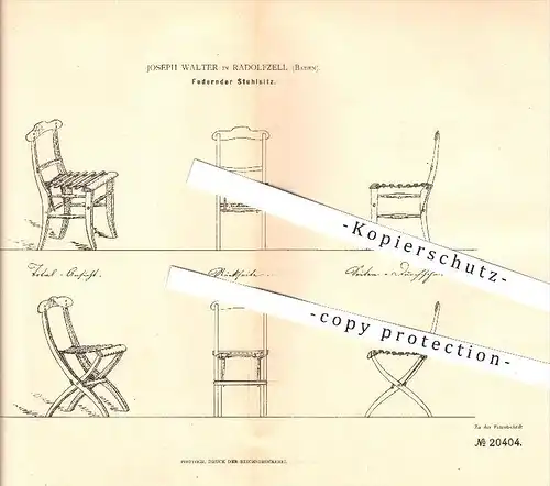 original Patent - Joseph Walter in Radolfzell , 1882 , Federnder Stuhlsitz , Stuhl !!!