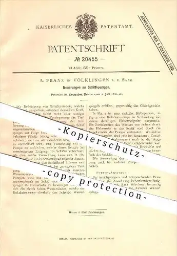 original Patent - A. Franz in Völklingen a. d. Saar , 1882 , Schiffspumpe , Pumpen , Schiffsbau !!!