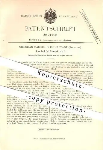 original Patent - Christian Marlier in Rudolstadt , 1882 , Kartoffeldämpftopf , Haushalt !!!