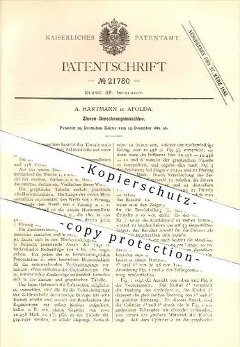 original Patent - A. Hartmann in Apolda , 1881 , Zinsen-Berechnungsmaschine , Mathematik !!!