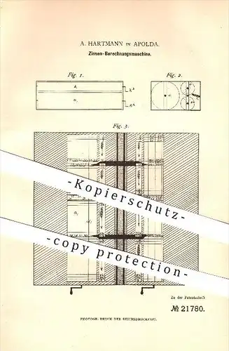 original Patent - A. Hartmann in Apolda , 1881 , Zinsen-Berechnungsmaschine , Mathematik !!!