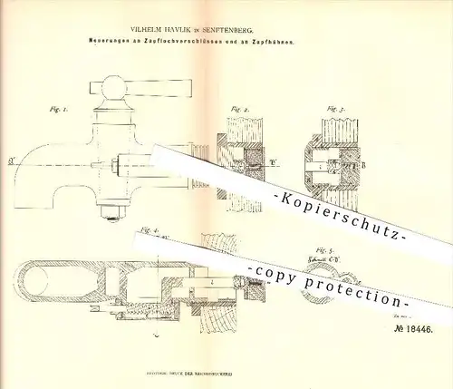 original Patent - Vilhelm Havlik in Senftenberg , 1881 , Zapflochverschlüsse und Zapfhähne , Ausschank !!!