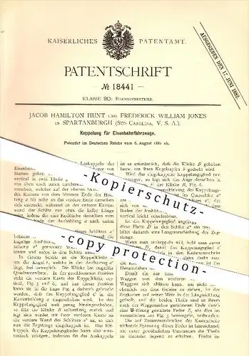 original Patent - Jacob H. Hunt & Frederick W. Jones in Spartanburg , 1881 , Kupplung für Eisenbahnfahrzeuge !!!