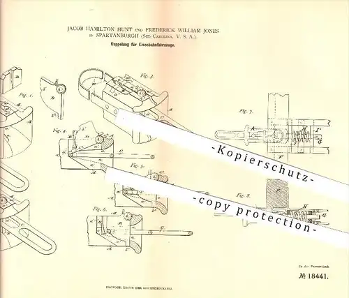 original Patent - Jacob H. Hunt & Frederick W. Jones in Spartanburg , 1881 , Kupplung für Eisenbahnfahrzeuge !!!