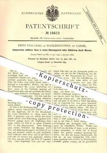 original Patent - Fritz Stellwag in Wahlershausen bei Kassel , 1881 , Kompression erhitzter Gase in einem Düsenapparat !
