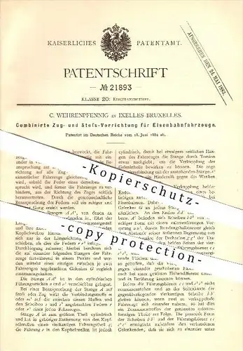 original Patent - C. Wehrenpfennig in Ixelles-Bruxelles , 1882 , Zug- und Stoßvorrichtung für Eisenbahnfahrzeuge !!!