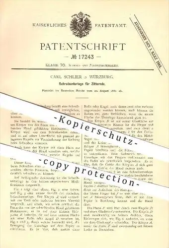 original Patent - Carl Schlier in Würzburg , 1881 , Schreibunterlage für Zitternde , Schreibwaren !!!
