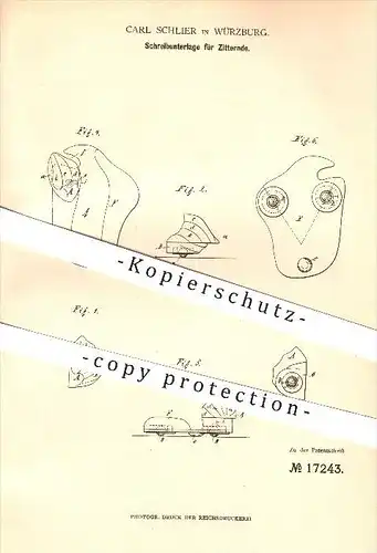 original Patent - Carl Schlier in Würzburg , 1881 , Schreibunterlage für Zitternde , Schreibwaren !!!