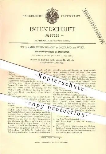 original Patent - Ferdinand Fleischmann in Mödling bei Wien , 1881 , Verschlussvorrichtung an Milchkannen !!!