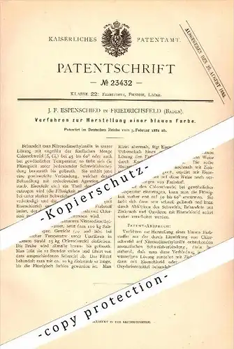 Original Patent - J.F. Espenschied in Friedrichsfeld b. Mannheim / Baden , 1882 , Herstellung blauer Farbe !!!