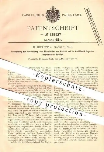 original Patent - H. Hipkow in Gassen / Jasien , 1901 , Abscheidung von Eisenteilen aus Häcksel , Niederlausitz !!!