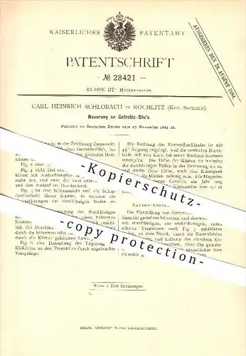 original Patent - Carl Heinrich Schlobach in Rochlitz , 1884 , Neuerung an Getreide Silo's , Silo , Landwirtschaft !!!