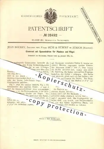 original Patent - Jean Bourry , Hüni & Hübert in Zürich , 1884 , Eisenrast mit Spanndrähten für Pianos und Flügel !!!