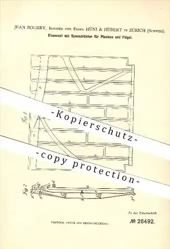 original Patent - Jean Bourry , Hüni & Hübert in Zürich , 1884 , Eisenrast mit Spanndrähten für Pianos und Flügel !!!