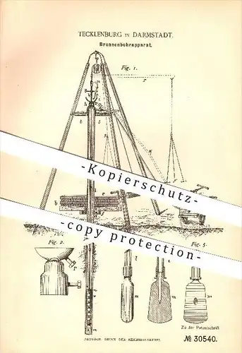 original Patent - Tecklenburg in Darmstadt , 1884 , Brunnenbohrapparat , Bohrer , Bergbau !!!