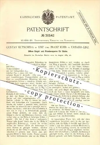 original Patent - G. Kutschera in Linz & F. Klier in Urfahr-Linz , 1884 , Offene Siegel- und Plombensperre für Säcke !!!