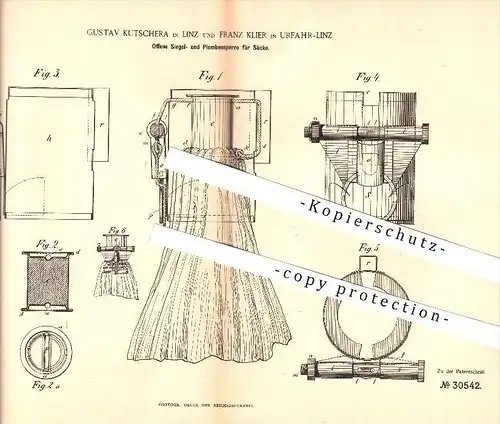 original Patent - G. Kutschera in Linz & F. Klier in Urfahr-Linz , 1884 , Offene Siegel- und Plombensperre für Säcke !!!