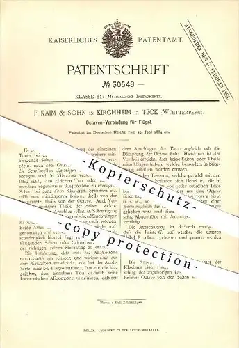 original Patent - F. Kaim & Sohn in Kirchheim u. Teck , 1884 , Oktaven Verbindung für Flügel , Klavier , Musik !!!