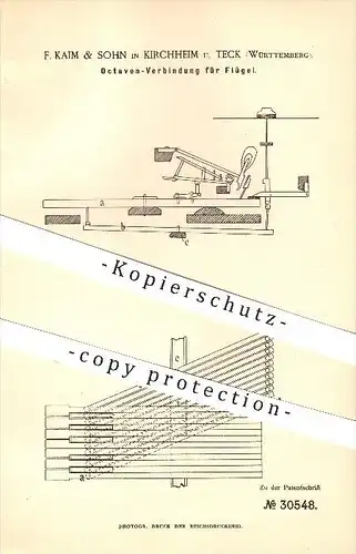 original Patent - F. Kaim & Sohn in Kirchheim u. Teck , 1884 , Oktaven Verbindung für Flügel , Klavier , Musik !!!