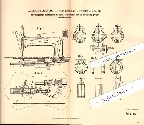 Original Patent - A. Guillaume & A. Lambert in Fosses la Ville b. Namur , 1882 , Doppelstich - Nähmaschine  !!!