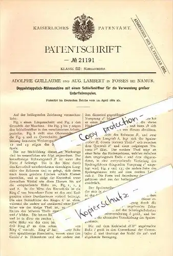 Original Patent - A. Guillaume & A. Lambert in Fosses la Ville b. Namur , 1882 , Doppelstich - Nähmaschine  !!!