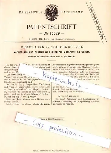 Original Patent - H. Giffhorn in Wolfenbüttel , 1880 , Ausgleichung mehrerer Zugkräfte  !!!