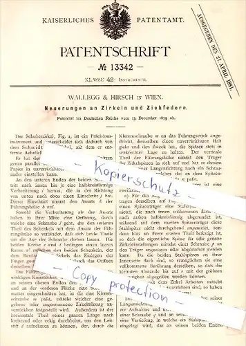 Original Patent - Wallegg & Hirsch in Wien , 1879 , Neuerungen an Zirkeln und Ziehfedern !!!