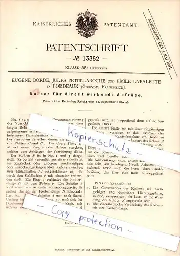 Original Patent - E. Borde, J. Petit-Laroche und E. Labarette in Bordeaux , Gironde , Frankreich !!!