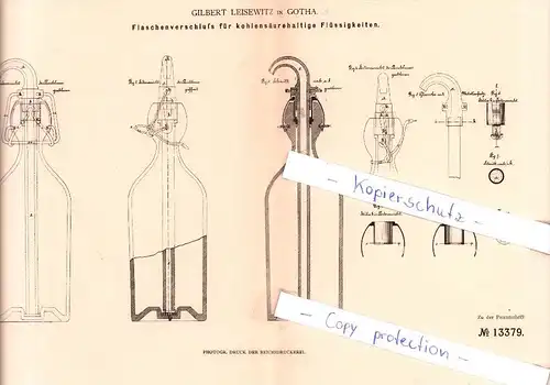 Original Patent - Gilbert Leisewitz in Gotha , 1880 , Flaschenverschluß !!!