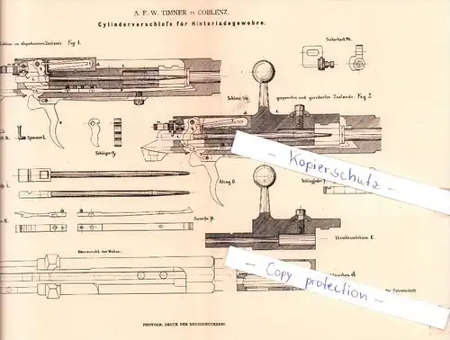 Original Patent - A. F. W. Timner in Coblenz , 1880 ,  Cylinderverschluß für Gewehre , Waffen , Jagd , Koblenz !!!