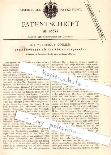 Original Patent - A. F. W. Timner in Coblenz , 1880 ,  Cylinderverschluß für Gewehre , Waffen , Jagd , Koblenz !!!