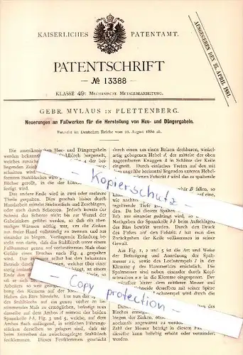 Original Patent - Gebr. Myläus in Plettenberg , 1880 , Herstellung von Heu- und Düngergabeln !!!