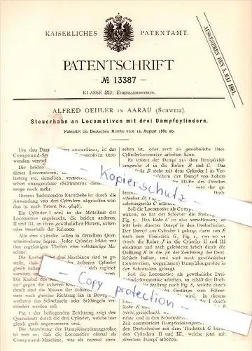 Original Patent - Alfred Oehler in Aarau , Schweiz , 1880 , Steuerhahn an Locomotiven  !!!