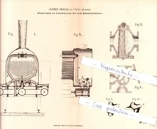 Original Patent - Alfred Oehler in Aarau , Schweiz , 1880 , Steuerhahn an Locomotiven  !!!