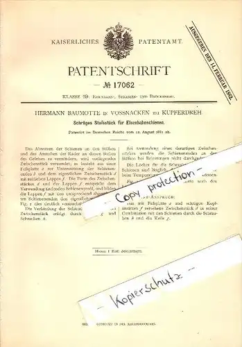 Original Patent -  H. Baumotte in Voßnacken b. Velbert , 1881 , Schienenverbindung für Eisenbahn , Kupferdreh !!!