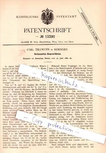 Original Patent - Carl Tillmann in Remagen , 1880 , Verbessertes Brauverfahren , Brauerei , Alkohol !!!