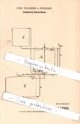 Original Patent - Carl Tillmann in Remagen , 1880 , Verbessertes Brauverfahren , Brauerei , Alkohol !!!