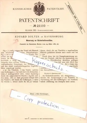 Original Patent - Eduard Bolter in Ravensburg , 1882 , Neuerung an Sicherheitsventilen !!!