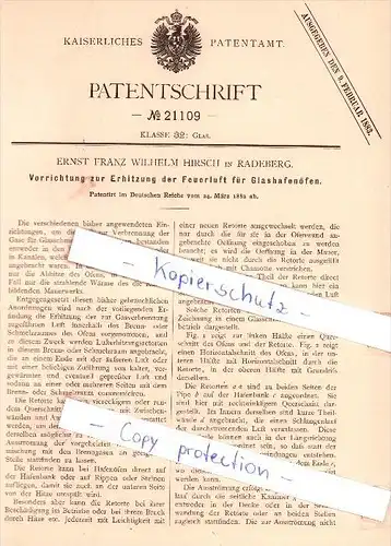 Original Patent - E.F. Hirsch in Radeberg , 1882 , Glashafenöfen , Glas !!!