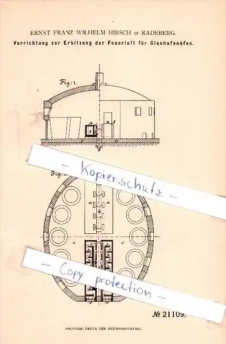 Original Patent - E.F. Hirsch in Radeberg , 1882 , Glashafenöfen , Glas !!!